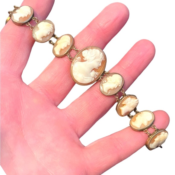 Stunning Antique Art Deco Italy Carved Shell Cameo Link Bracelet 900 GF wash - Picture 4 of 11